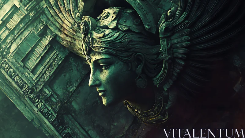 Aged winged stone relief head rendered with low-key teal lighting