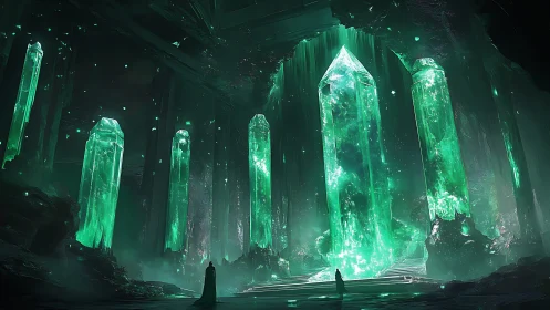 Emerald crystal chamber with robed figures in cavernous space.