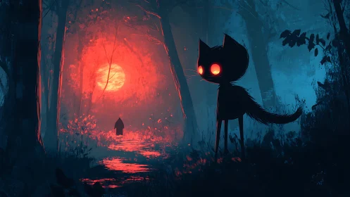 Backlit red moon silhouettes neon-eyed cat and cloaked wanderer
