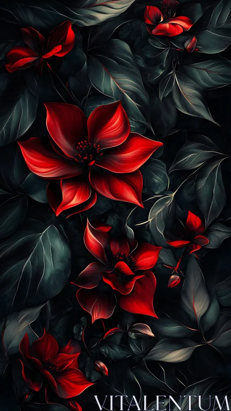 Scarlet blooms emerge from darkness in digital floral art.