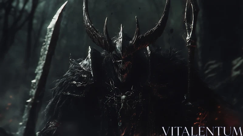 Dark fantasy warlord in horned armor, cinematic rendering.