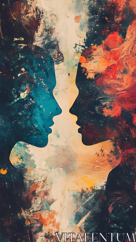 Silhouetted profiles face each other within textured color fields