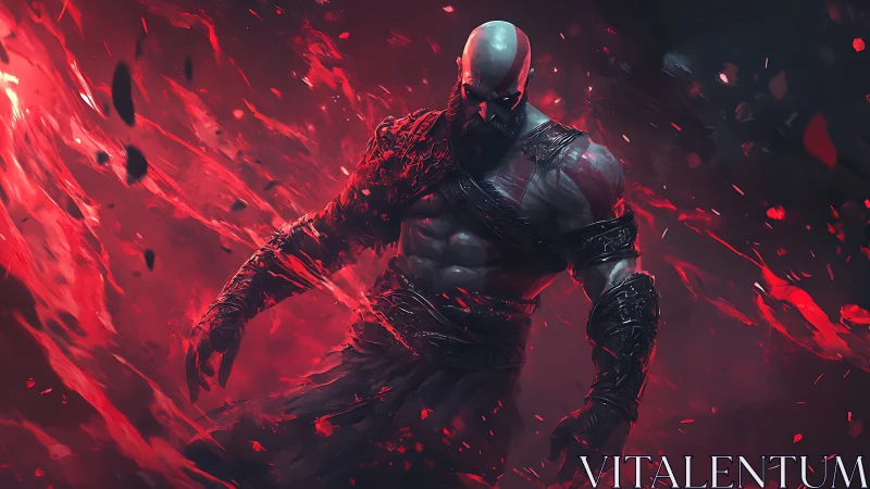 Armored warrior in red energy vortex digital illustration.