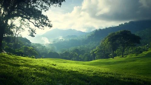 Verdant valley landscape with layered mountain vista and atmospheric haze.
