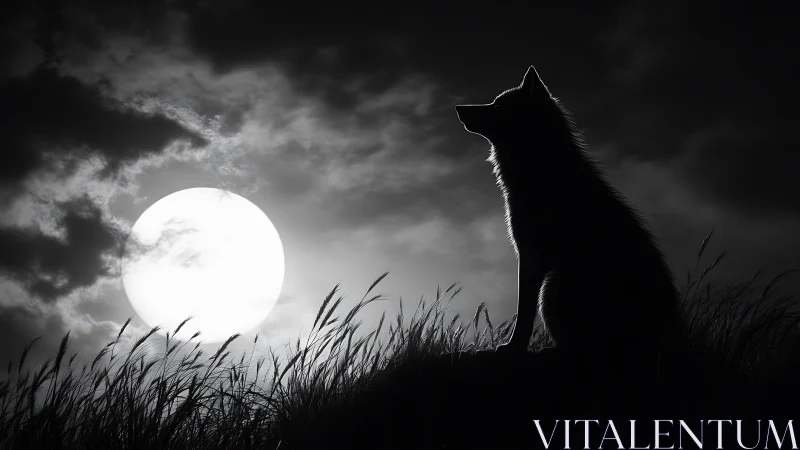 Lone wolf silhouette poised beneath a luminous full moon.