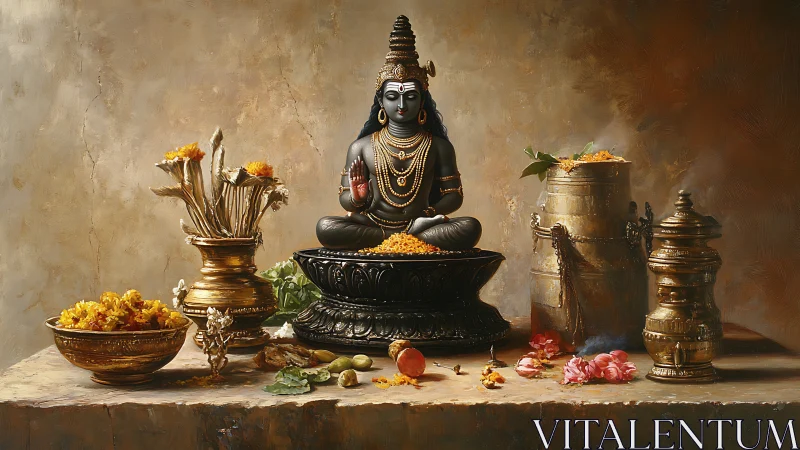 Shiva idol amid brass vessels and marigold offerings on altar