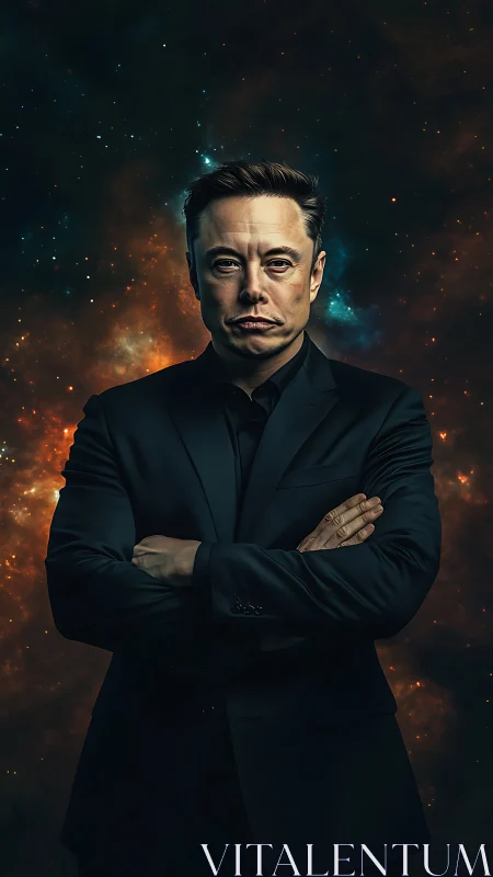 Hyper-detailed digital portrait of suited man against nebula field