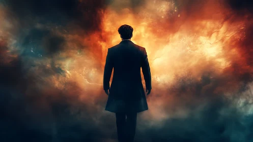 Solitary figure confronts blazing cosmic storm horizon.