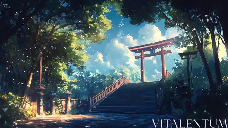 Torii gate on shaded shrine steps in forest environment.