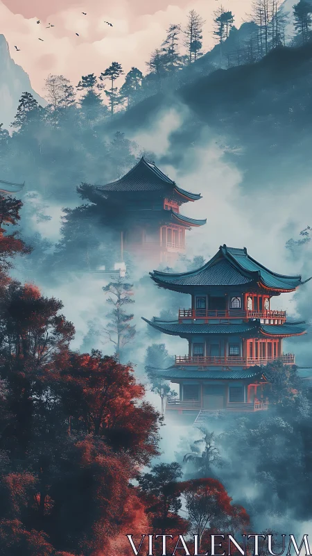 Misty mountain pagodas rise through tranquil crimson forest