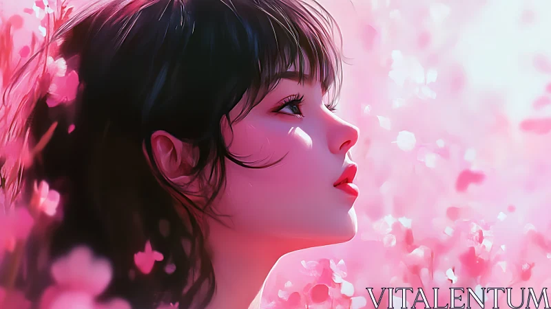 Cherry blossoms cradle a daydreaming girl in rosy light