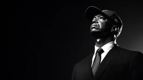 Sharp-suited dreamer gazes upward in sculpted monochrome light.