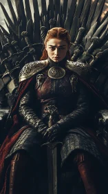 Armored warrior queen seated on barbed iron throne in chiaroscuro