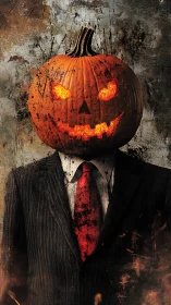 Sinister pumpkin-headed man stands in blood-red tie.