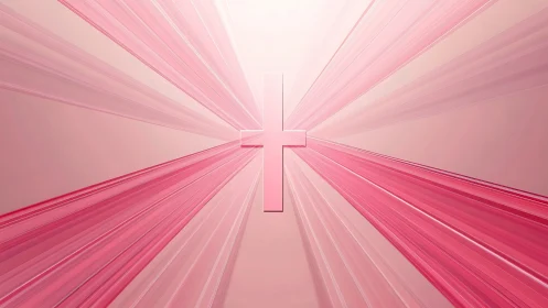 Radiant pink cross centered within converging light beams