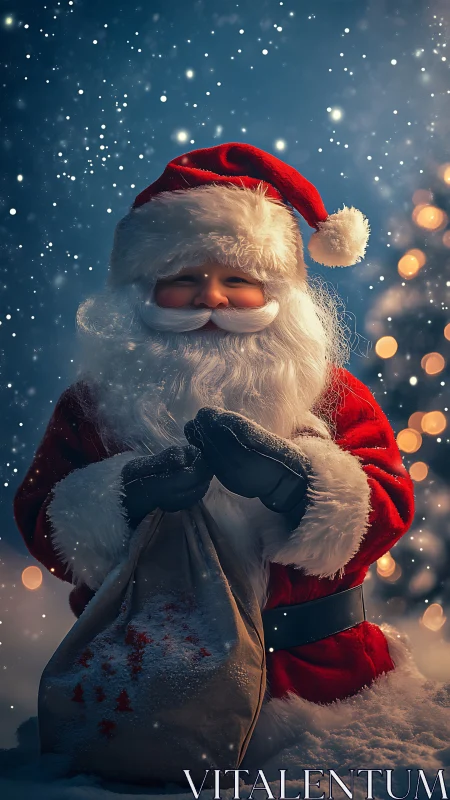 Snowlit Santa pauses with a secret sack of winter wishes.