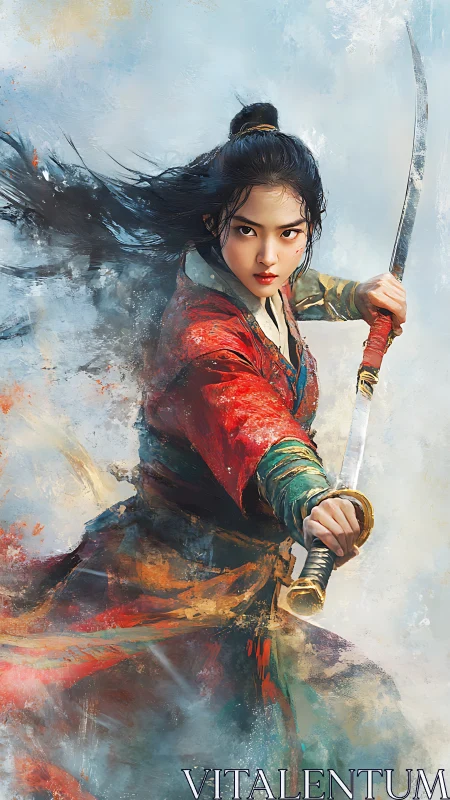 Fearless warrior in flowing red robes, poised for action.