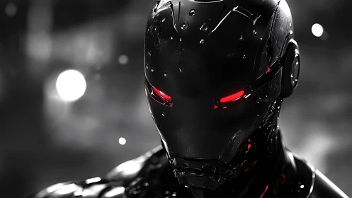 Midnight war machine with blazing red cybernetic gaze.