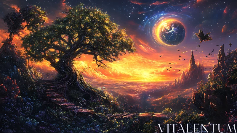 Celestial sunset realm with ancient tree and orbiting world.