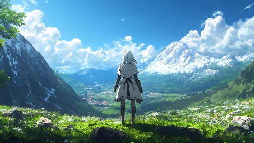 Lone cloaked figure overlooking vast green mountain valley.