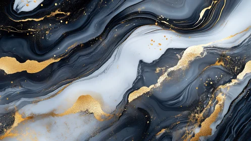 Black, white, and gold fluid abstract forms flow diagonally
