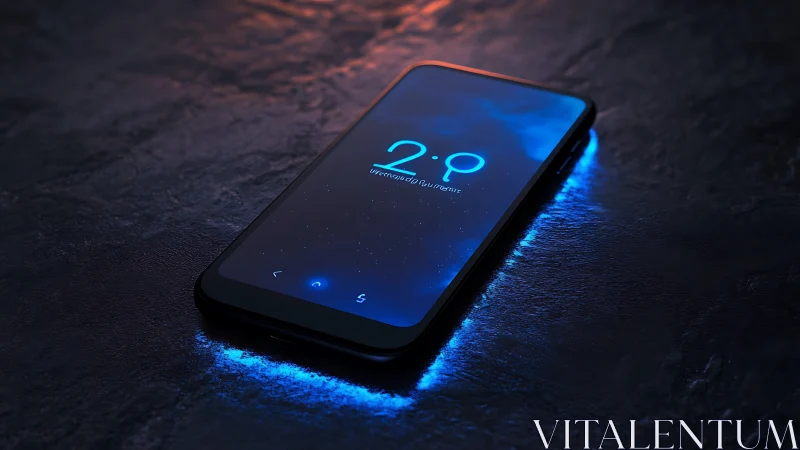 Smartphone on dark surface with neon blue edge glow.