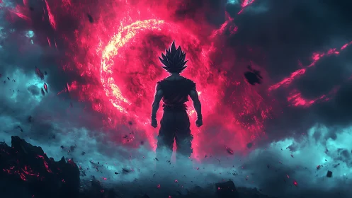 Celestial energy warrior silhouetted before erupting red vortex