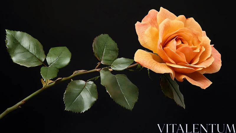Apricot Rose with Green Foliage Against Black Background
