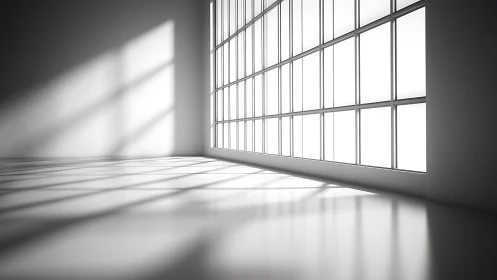 Soft daylight pours through tall grid windows into calm space