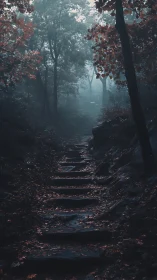 Misty Forest Path Through Autumn Woodland