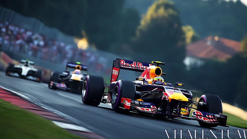 Formula racing car leads competitors through fast circuit corner