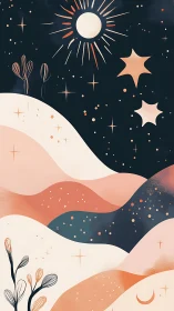 Stylized desert hills with sun, stars, and night sky.