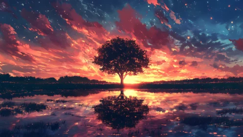 Solitary tree glows against a vivid twilight water mirror