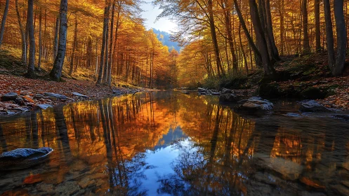 Autumn beech forest river mirror with golden foliage reflection.