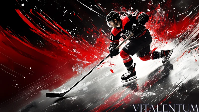 Hockey player drives puck through explosive red ice field.