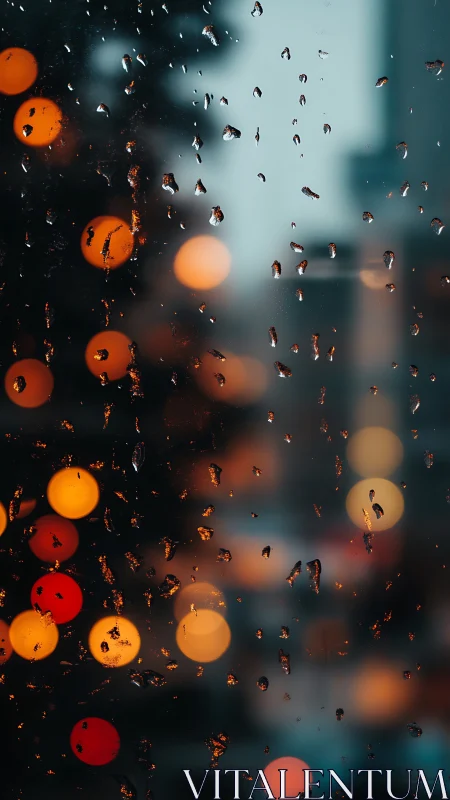 Soft city lights glow gently behind a rain kissed window