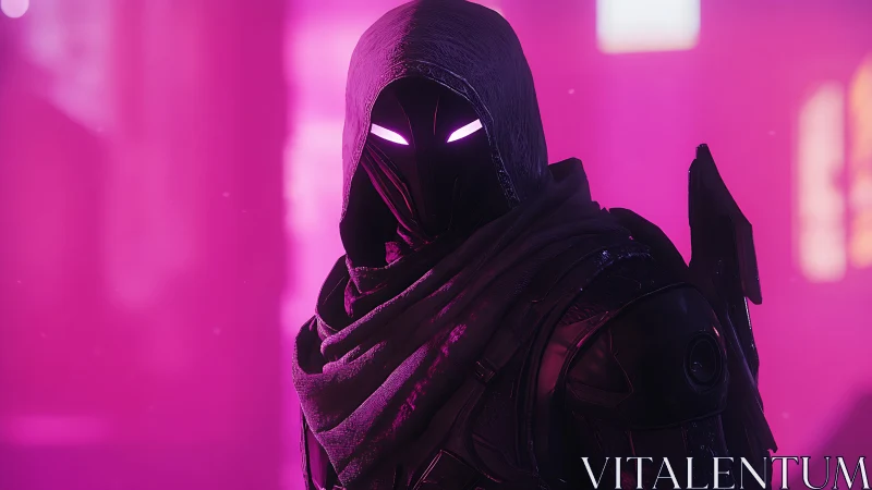 Cybernetic hooded assassin stands in neon magenta haze