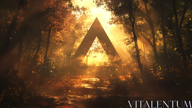 Triangular aperture framing luminous forest environment.