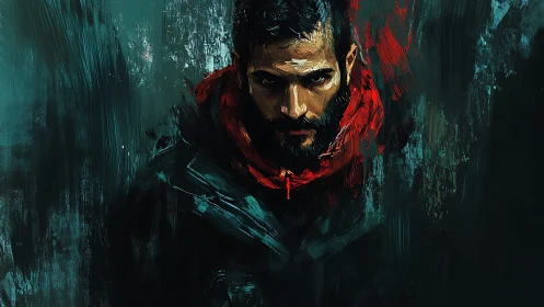 Storm-eyed drifter in crimson hood amid painted shadows.