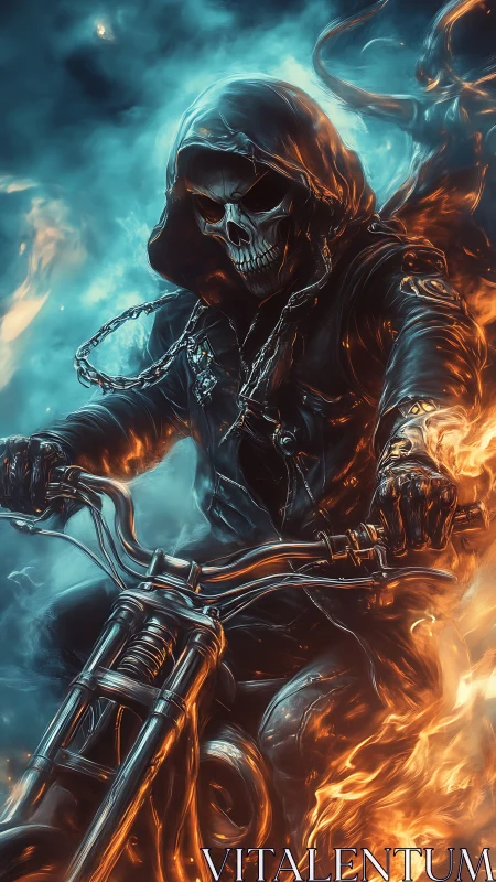 Fiery skeletal biker charges through smoky infernal storm