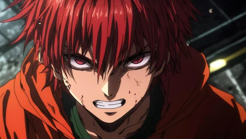 Intense red haired anime fighter with bruised determined glare