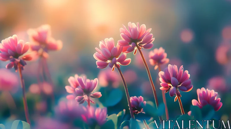 Pink flowers in soft focus field with warm sunset glow.