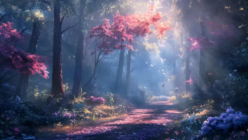 Enchanted Forest Path Glows With Magical Pink Blossoms