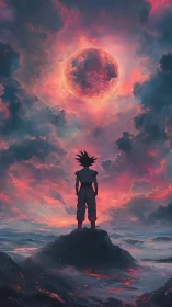 Solitary figure observing red celestial body over ocean.