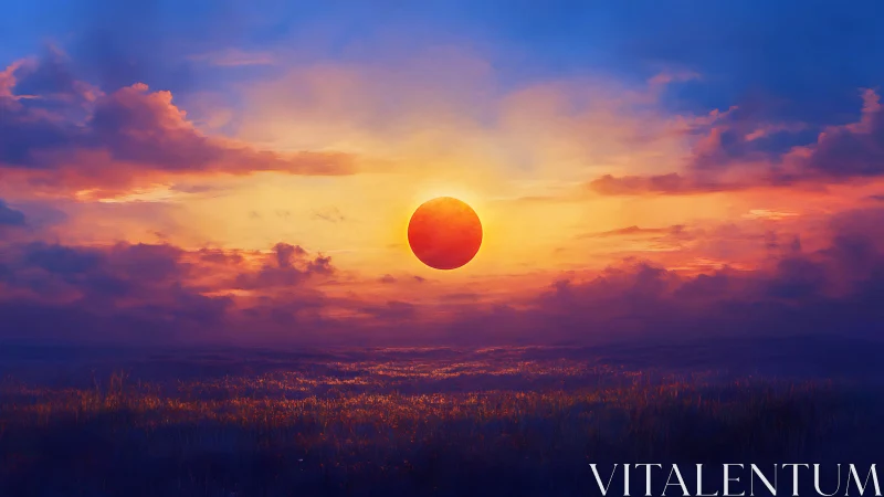 Low-horizon solar disk over twilight meadow and stratiform clouds