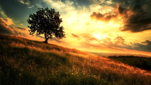 Glowing hillside sunset with a quiet, steadfast lone tree.