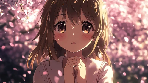 Girl stands beneath cherry blossoms in diffuse backlighting