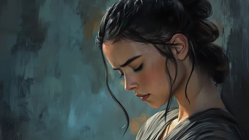 Side profile portrait of pensive young woman in blue tones.