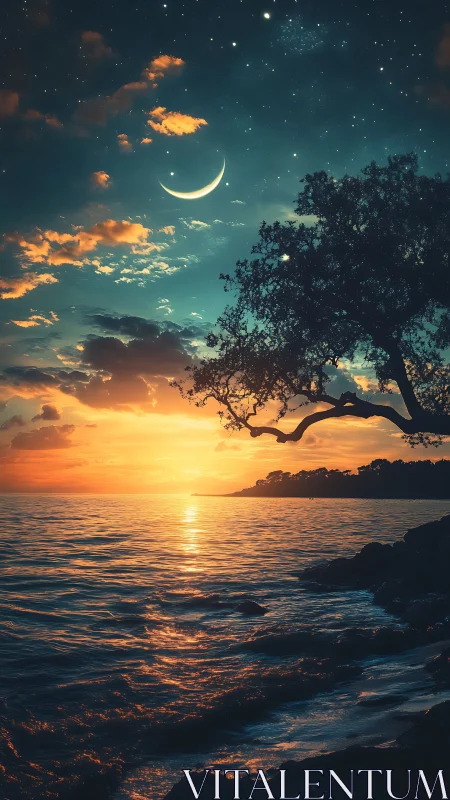 Crescent moon above sunset sea with silhouetted coastal tree.