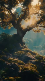 Ancient Tree Backlit Golden Foliage Against Turquoise Sky.